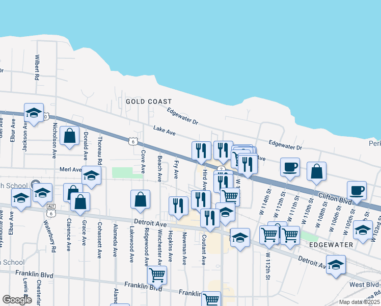 map of restaurants, bars, coffee shops, grocery stores, and more near 11828 Clifton Boulevard in Lakewood