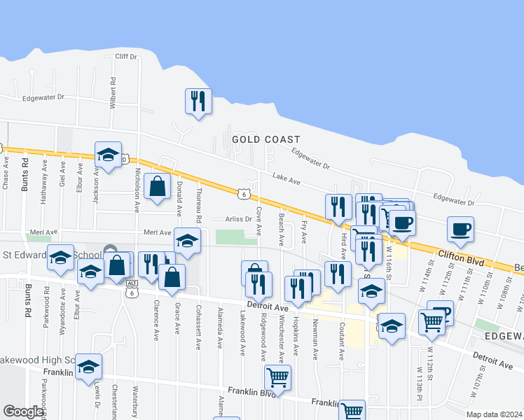 map of restaurants, bars, coffee shops, grocery stores, and more near 12511 Clifton Boulevard in Lakewood