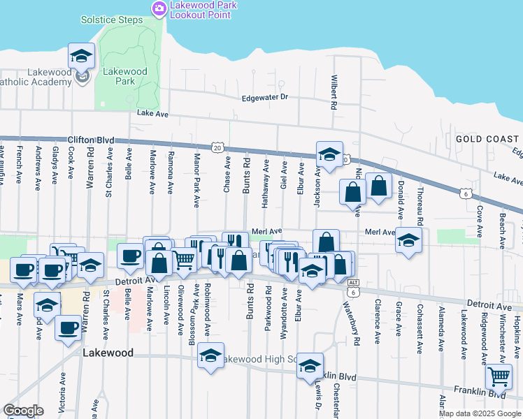 map of restaurants, bars, coffee shops, grocery stores, and more near 1288 Hathaway Avenue in Lakewood