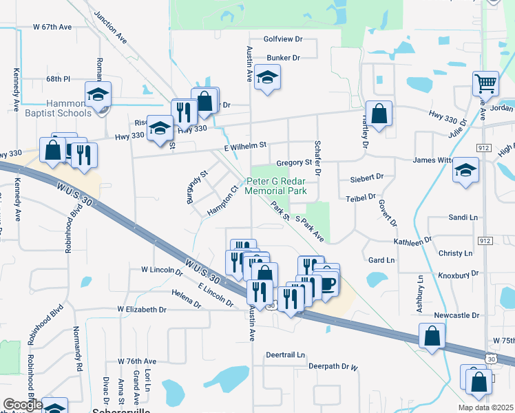 map of restaurants, bars, coffee shops, grocery stores, and more near 1832 Austin Avenue in Schererville
