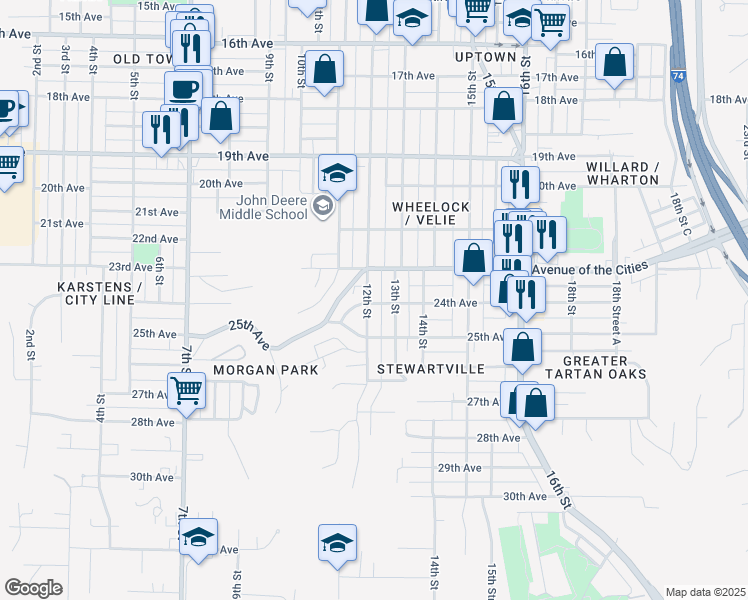 map of restaurants, bars, coffee shops, grocery stores, and more near 1132 24th Avenue in Moline