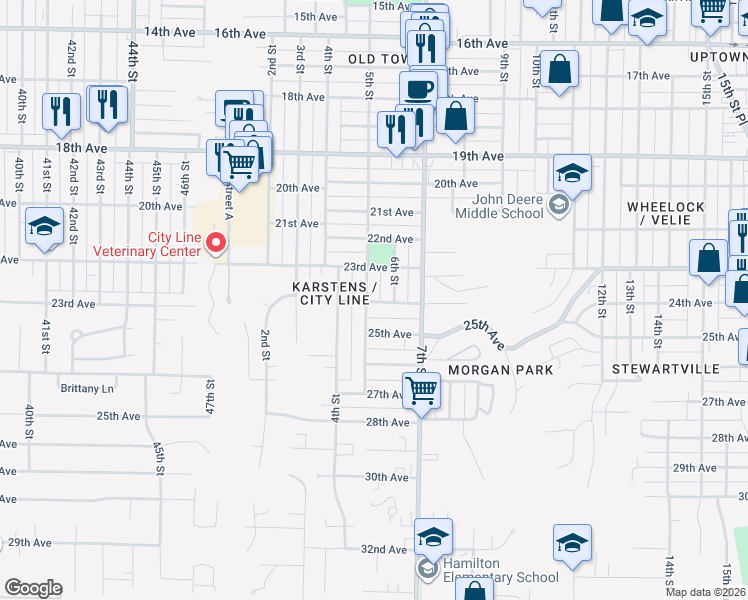 map of restaurants, bars, coffee shops, grocery stores, and more near 518 24th Avenue in Moline