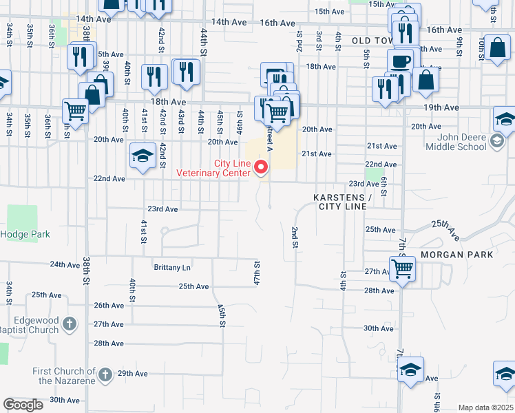 map of restaurants, bars, coffee shops, grocery stores, and more near 2412 1st St Ct in Moline