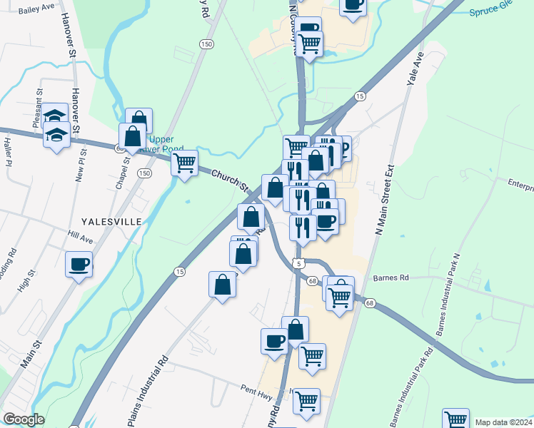 map of restaurants, bars, coffee shops, grocery stores, and more near 62 Church Street in Wallingford