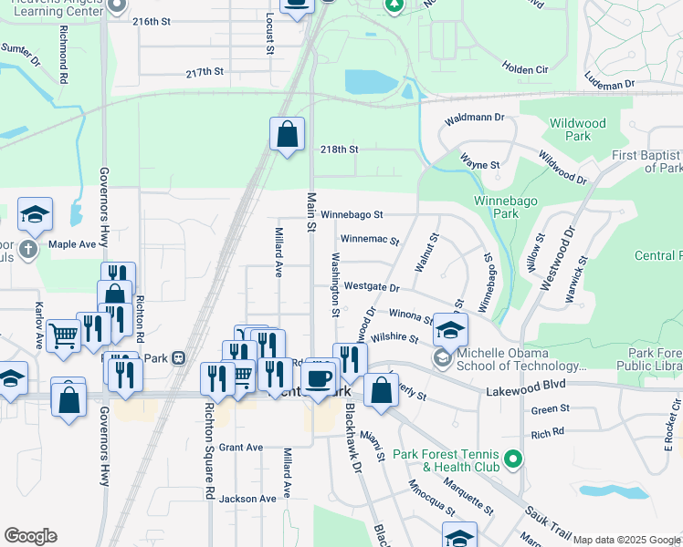 map of restaurants, bars, coffee shops, grocery stores, and more near 3595 Scottsdale Circle in Park Forest