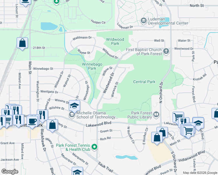 map of restaurants, bars, coffee shops, grocery stores, and more near 193 Westwood Drive in Park Forest