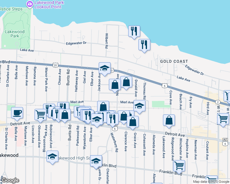 map of restaurants, bars, coffee shops, grocery stores, and more near 13406 Harlon Avenue in Lakewood