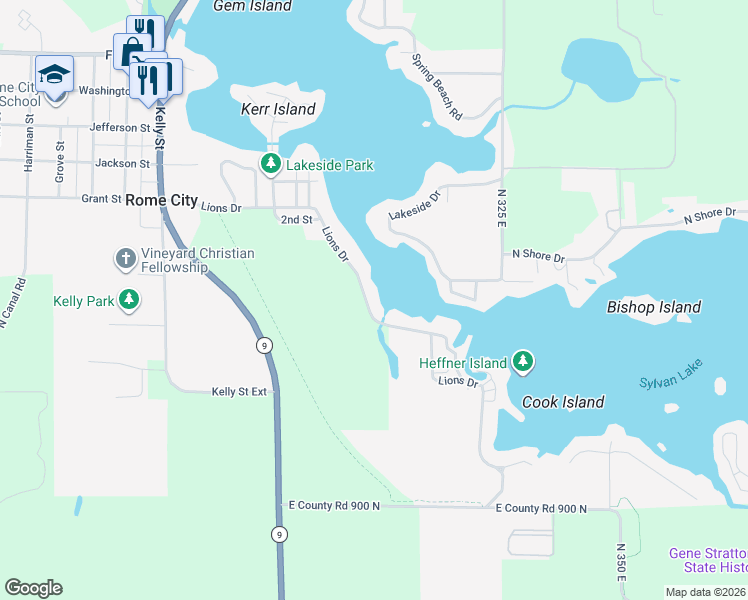 map of restaurants, bars, coffee shops, grocery stores, and more near 615 Lions Dr in Rome City