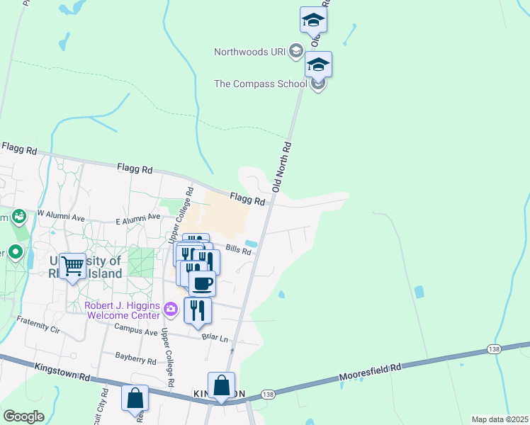 map of restaurants, bars, coffee shops, grocery stores, and more near 322 Old North Road in South Kingstown