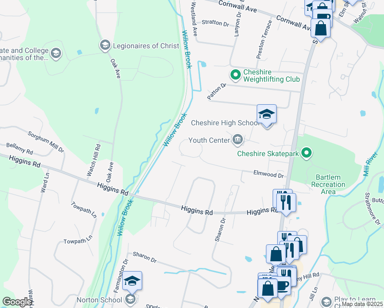 map of restaurants, bars, coffee shops, grocery stores, and more near 297 Elmwood Circle in Cheshire