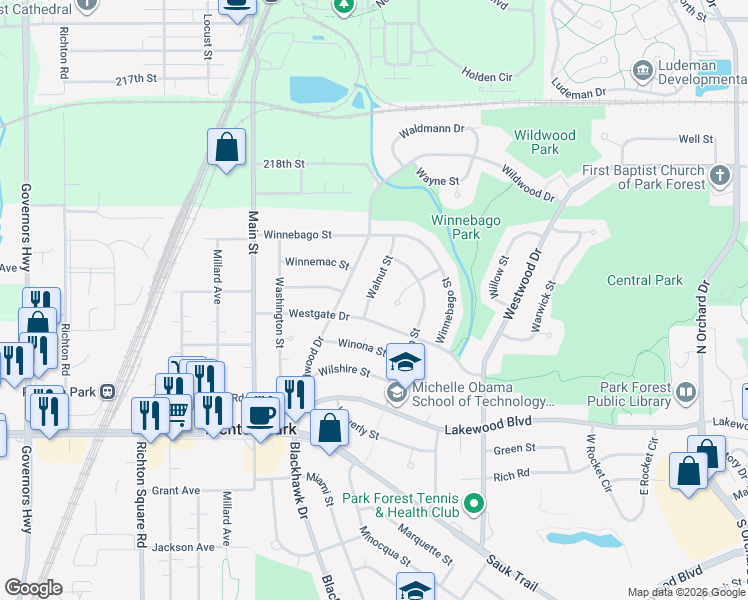 map of restaurants, bars, coffee shops, grocery stores, and more near 121 Walnut Street in Park Forest