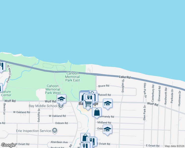 map of restaurants, bars, coffee shops, grocery stores, and more near Lake Road in Bay Village