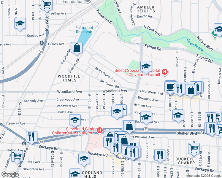 map of restaurants, bars, coffee shops, grocery stores, and more near 11305 Woodland Avenue in Cleveland