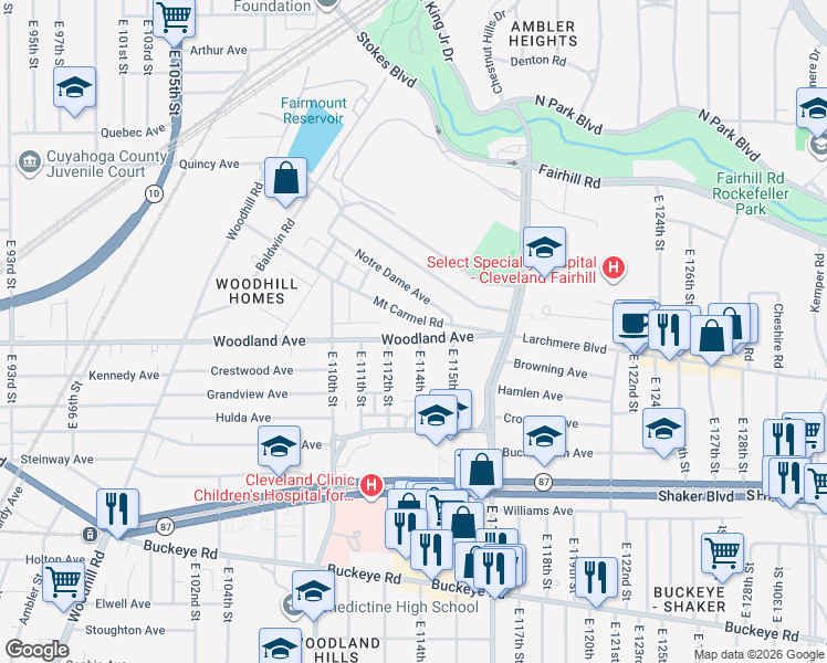 map of restaurants, bars, coffee shops, grocery stores, and more near 11305 Woodland Avenue in Cleveland
