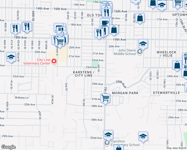 map of restaurants, bars, coffee shops, grocery stores, and more near 518 24th Avenue in Moline