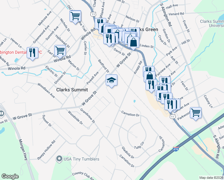 map of restaurants, bars, coffee shops, grocery stores, and more near 401 West Grove Street in Clarks Summit