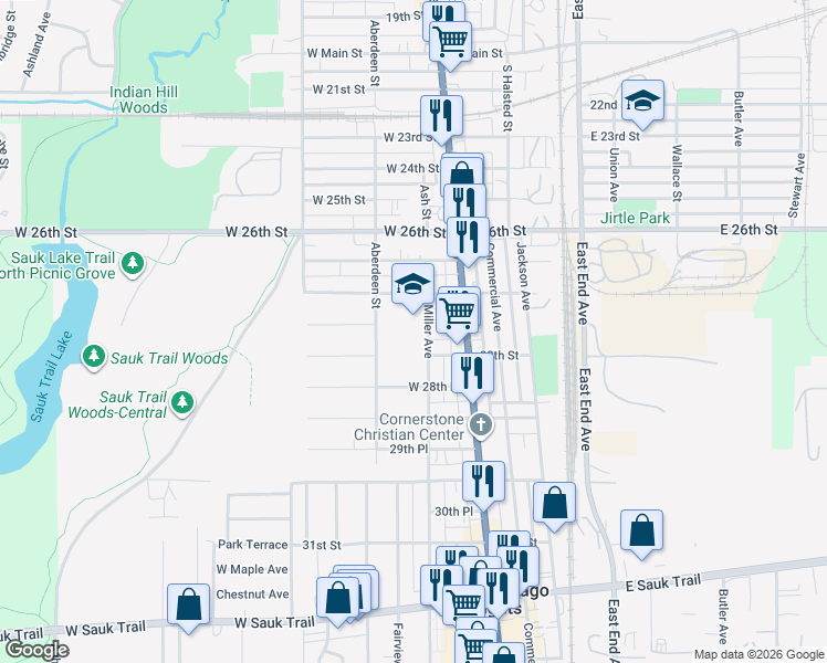 map of restaurants, bars, coffee shops, grocery stores, and more near 122 West 28th Place in South Chicago Heights