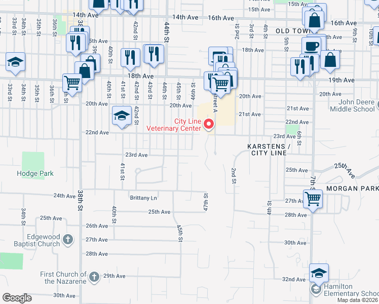 map of restaurants, bars, coffee shops, grocery stores, and more near 4521 23rd Avenue in Rock Island