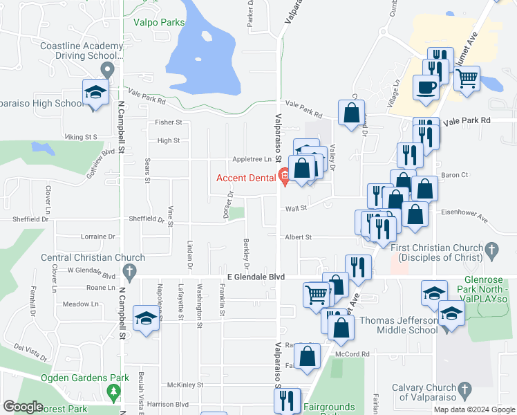 map of restaurants, bars, coffee shops, grocery stores, and more near 2209 Dixon Drive in Valparaiso