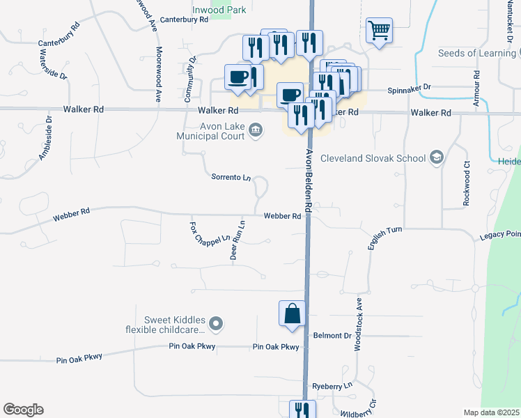 map of restaurants, bars, coffee shops, grocery stores, and more near 32791 Webber Road in Avon Lake