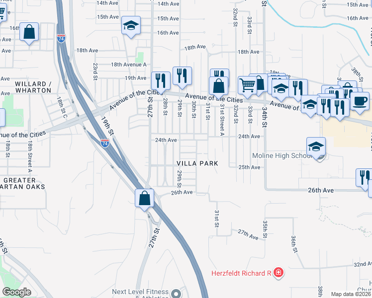 map of restaurants, bars, coffee shops, grocery stores, and more near 2903 24th Avenue A in Moline