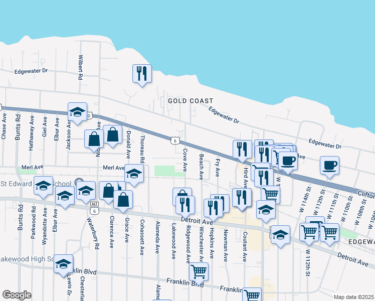 map of restaurants, bars, coffee shops, grocery stores, and more near 12511 Clifton Boulevard in Lakewood