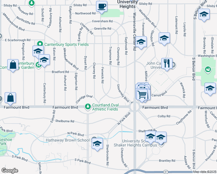 map of restaurants, bars, coffee shops, grocery stores, and more near 2604 Traymore Road in University Heights