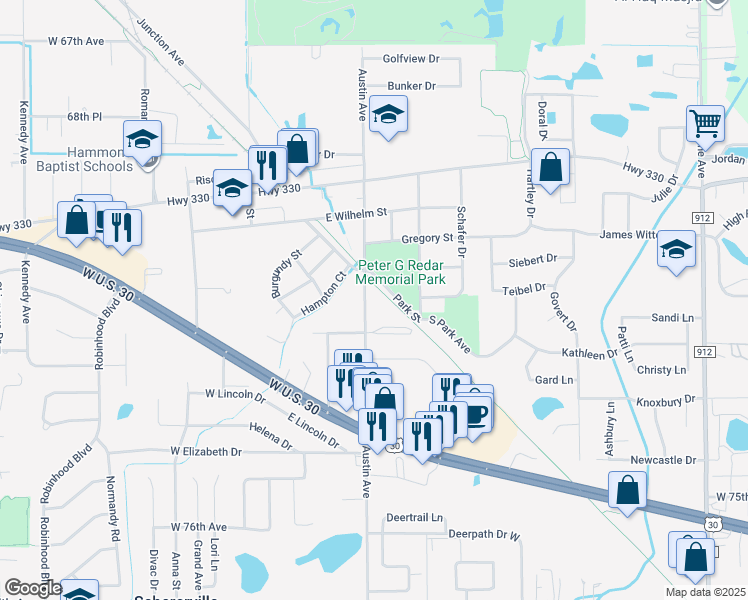 map of restaurants, bars, coffee shops, grocery stores, and more near 1832 Austin Avenue in Schererville
