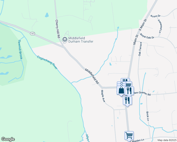 map of restaurants, bars, coffee shops, grocery stores, and more near Middlefield Road in Durham