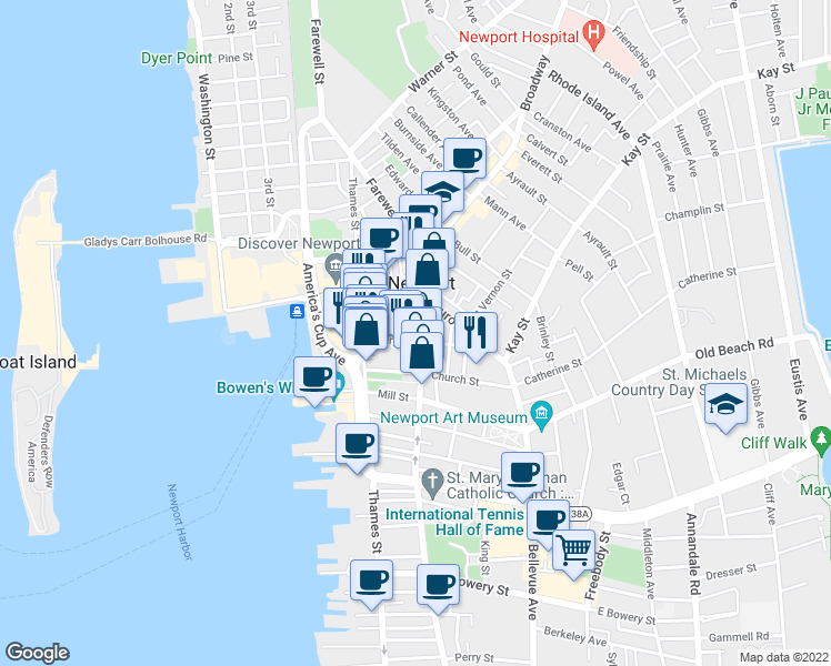 map of restaurants, bars, coffee shops, grocery stores, and more near 99 Spring Street in Newport