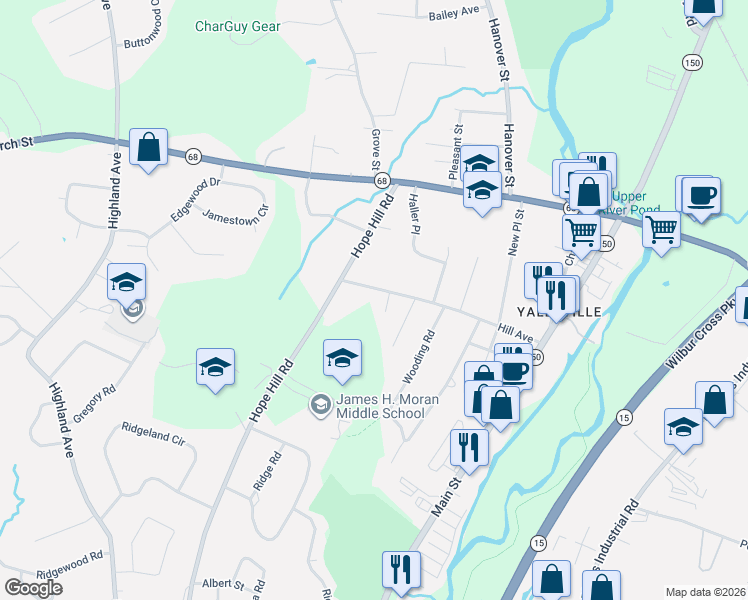 map of restaurants, bars, coffee shops, grocery stores, and more near 75 Hill Avenue in Wallingford