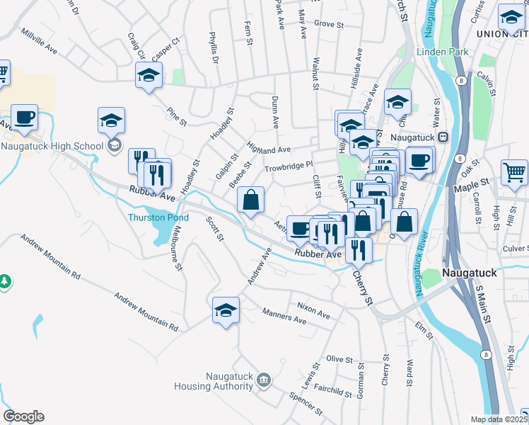 map of restaurants, bars, coffee shops, grocery stores, and more near 96 Aetna Street in Naugatuck