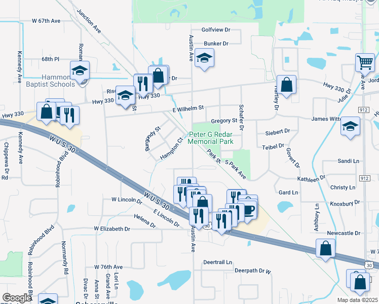map of restaurants, bars, coffee shops, grocery stores, and more near 1832 Austin Avenue in Schererville