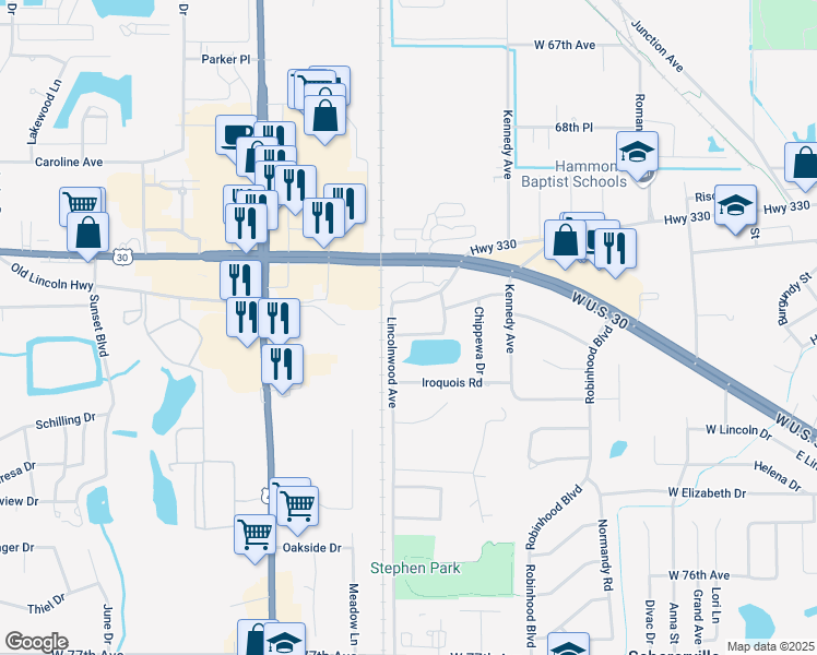 map of restaurants, bars, coffee shops, grocery stores, and more near 540 Miami Road in Schererville