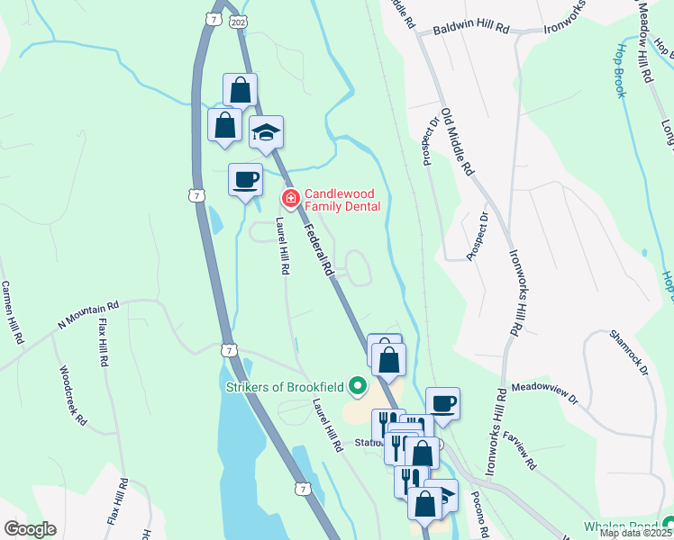 map of restaurants, bars, coffee shops, grocery stores, and more near 16 Great Heron Lane in Brookfield