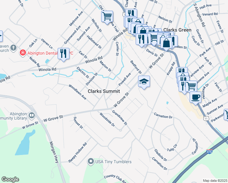 map of restaurants, bars, coffee shops, grocery stores, and more near 103 Jones St in Clarks Summit