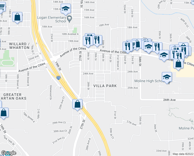 map of restaurants, bars, coffee shops, grocery stores, and more near 2903 24th Avenue A in Moline