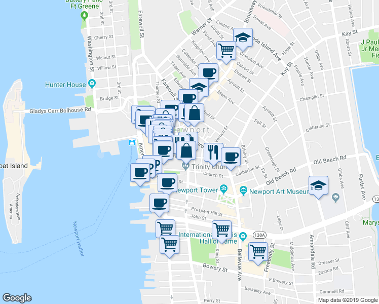 map of restaurants, bars, coffee shops, grocery stores, and more near 92 Spring Street in Newport