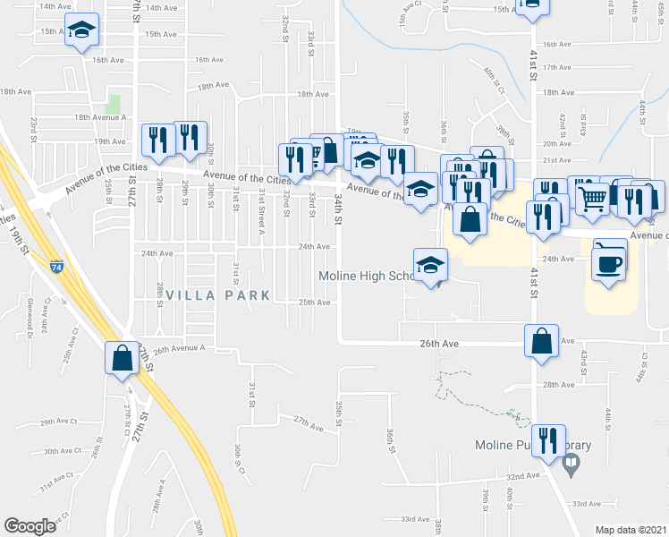 map of restaurants, bars, coffee shops, grocery stores, and more near 2413 34th Street in Moline