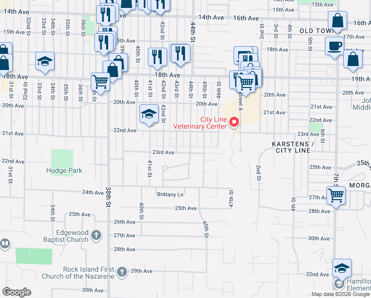 map of restaurants, bars, coffee shops, grocery stores, and more near 4301 23rd Ave in Rock Island