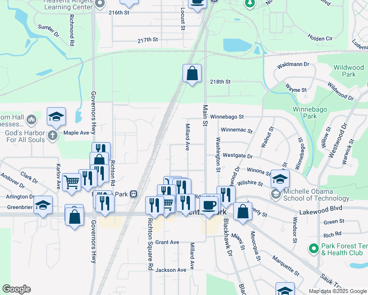 map of restaurants, bars, coffee shops, grocery stores, and more near 22000 Millard Avenue in Richton Park