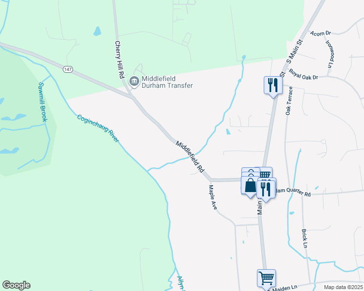 map of restaurants, bars, coffee shops, grocery stores, and more near Middlefield Road in Durham