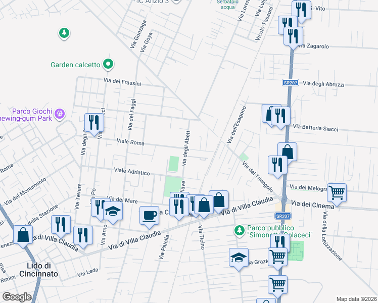 map of restaurants, bars, coffee shops, grocery stores, and more near 86 Viale Roma in Anzio