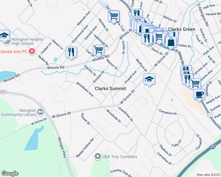 map of restaurants, bars, coffee shops, grocery stores, and more near in Clarks Summit