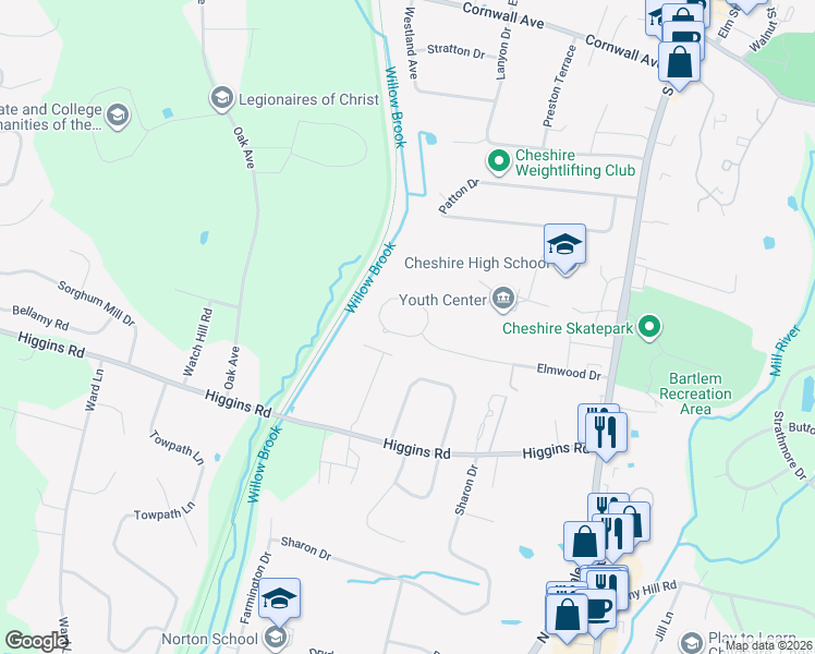 map of restaurants, bars, coffee shops, grocery stores, and more near 297 Elmwood Circle in Cheshire