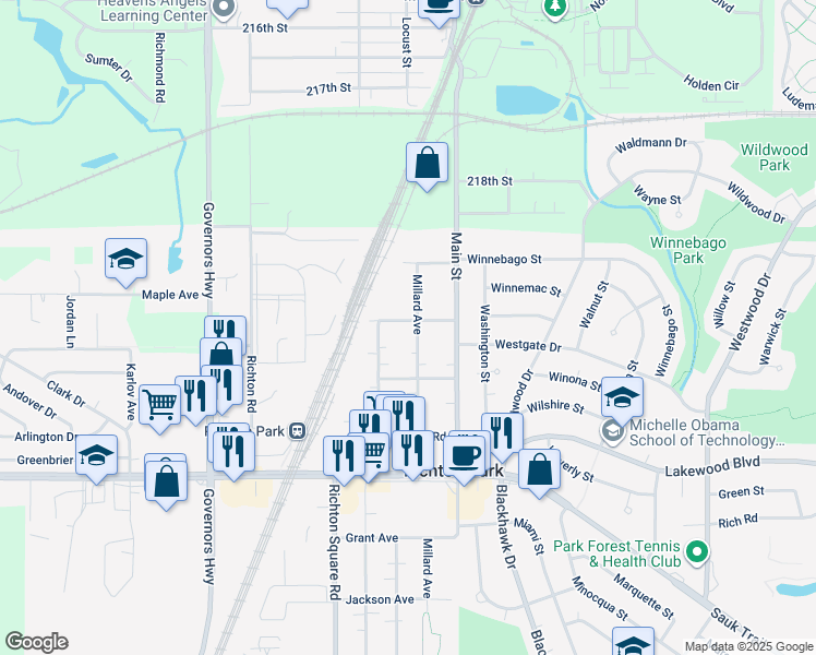 map of restaurants, bars, coffee shops, grocery stores, and more near 22000 Millard Avenue in Richton Park