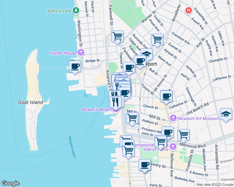 map of restaurants, bars, coffee shops, grocery stores, and more near 136 Swinburne Street in Jamestown