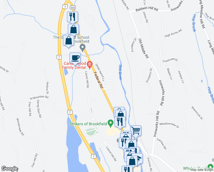 map of restaurants, bars, coffee shops, grocery stores, and more near Stillwater Circle in Brookfield