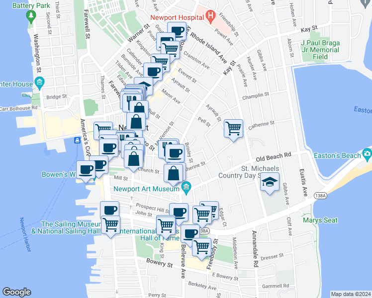 map of restaurants, bars, coffee shops, grocery stores, and more near 15 Brinley Street in Newport