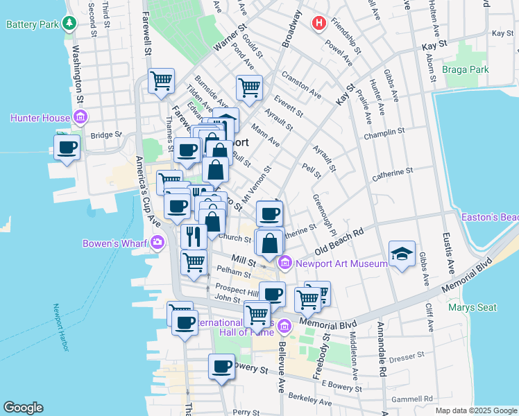 map of restaurants, bars, coffee shops, grocery stores, and more near 7 Whitfield Place in Newport